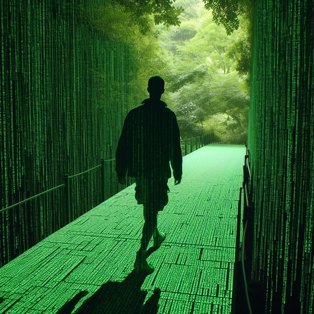 A person walking across a path made of the green text from The Matrix into a greener brighter world. Created with Bing Image Creator