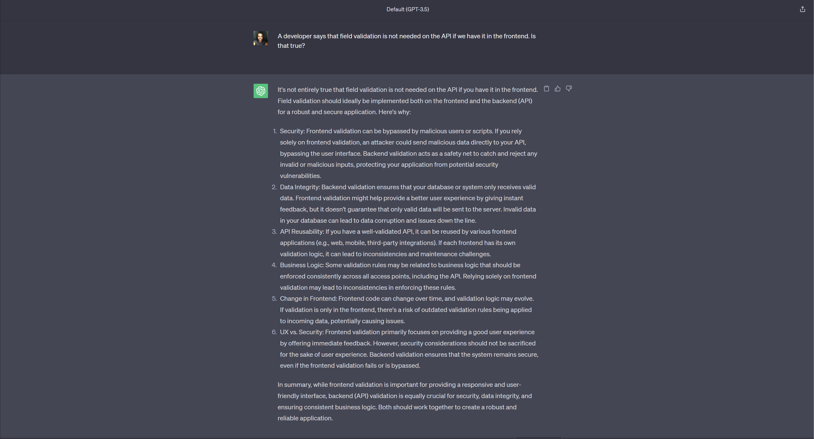 ChatGPT with a question posed about whether you should use field validation in the backend as well as the frontend