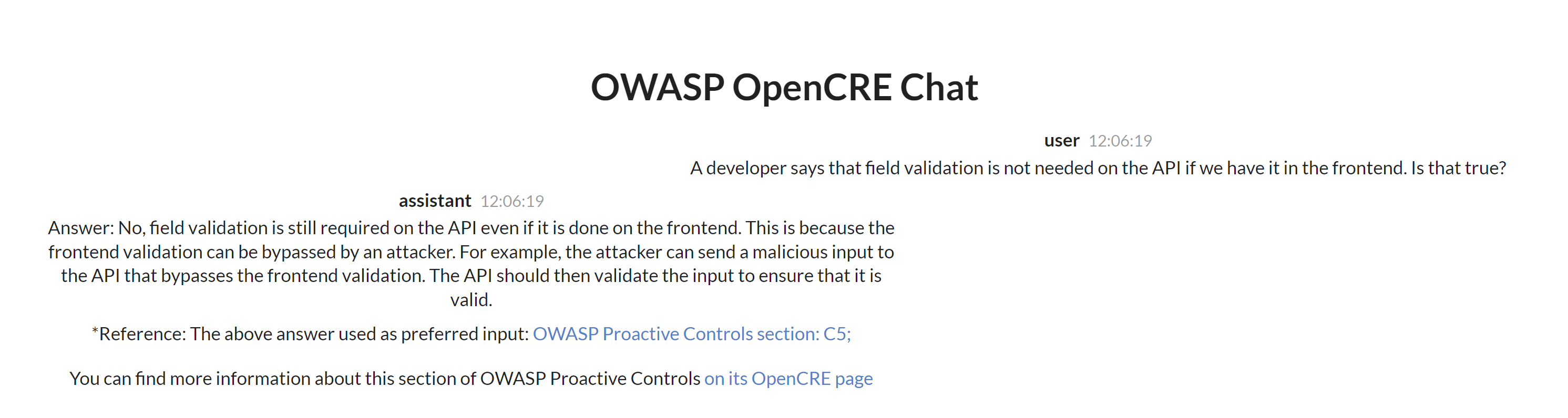 OpenCRE Chatbot with a question posed about whether you should use field validation in the backend as well as the frontend