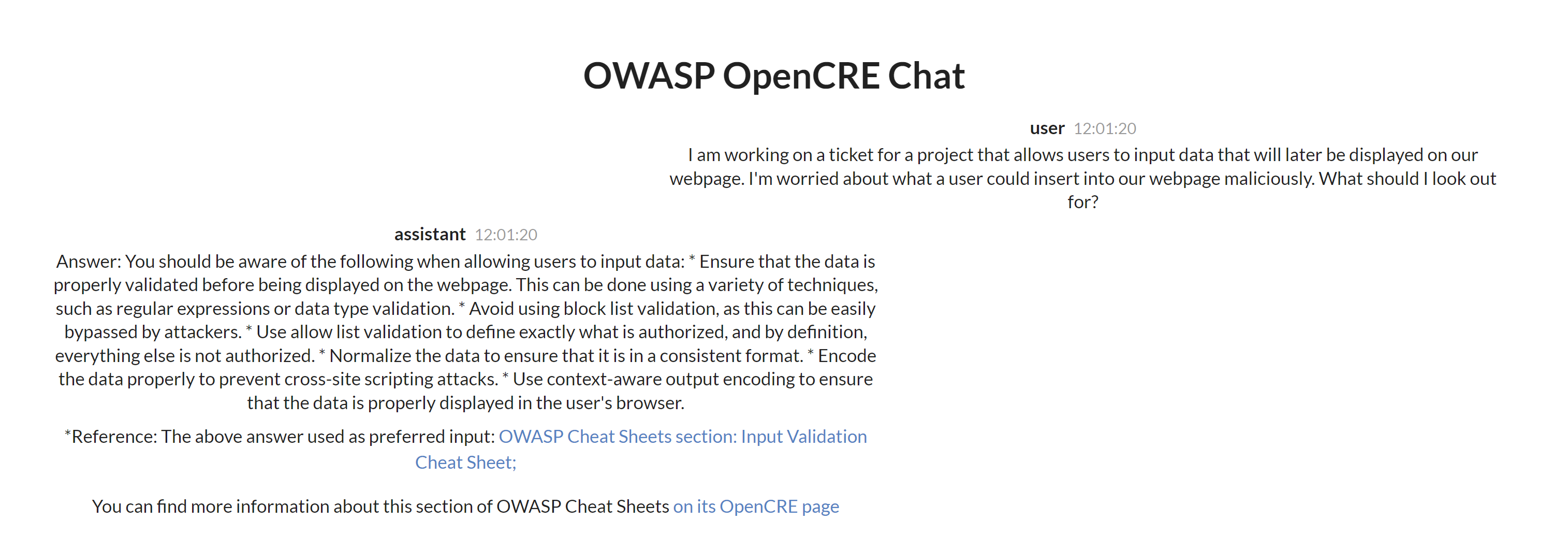 OpenCRE Chatbot with a question about what concerns to have if a new feature in an app allows a user to input a value and that gets displayed on the screen