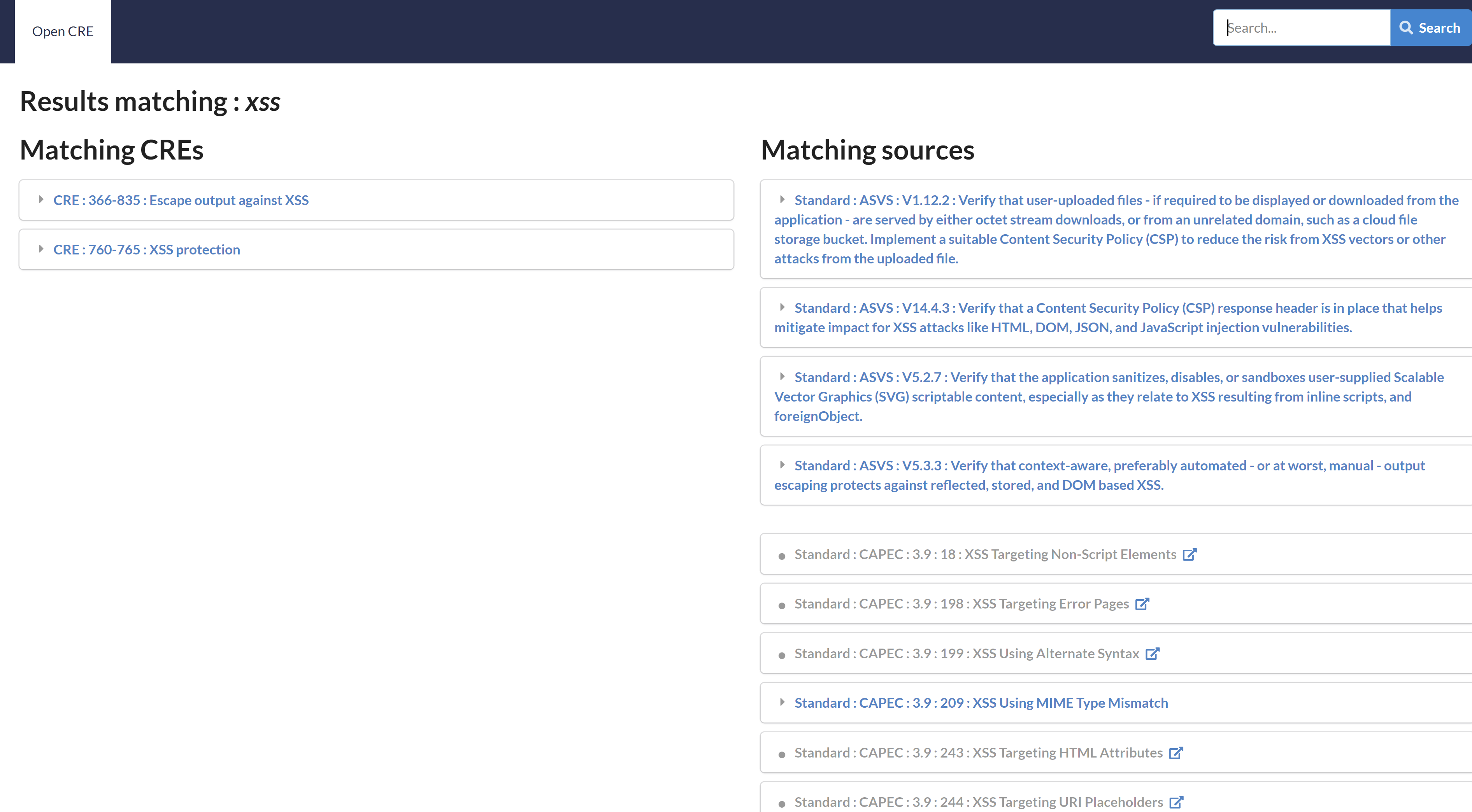 OpenCRE with a search of "XSS"